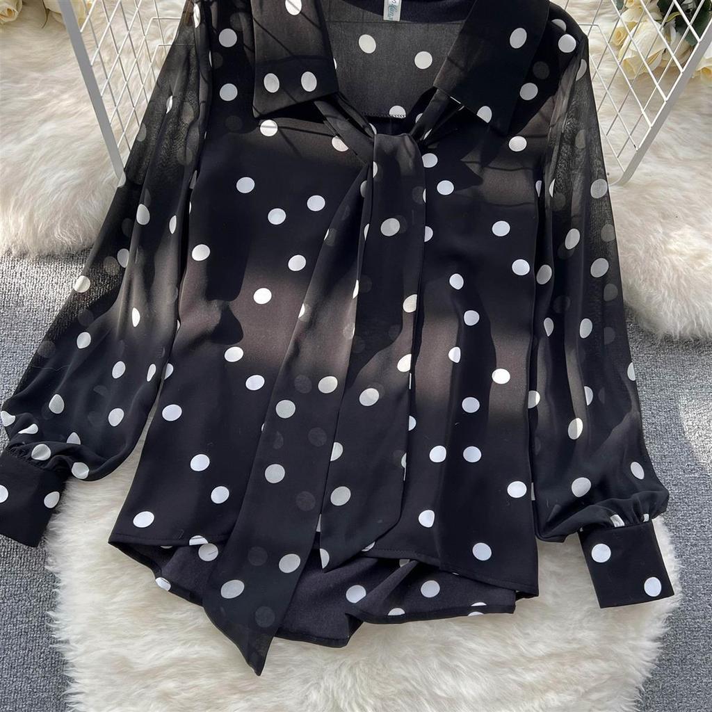 Chiffon Shirt Women's Summer Outfit Sweet Polka Dot Bubble Sleeves Versatile Base Shirt Top Women