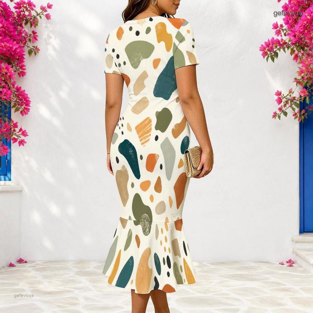 Women Plus Size V Neck Short Sleeve Geometric Printed Fitted Fishtail Dress