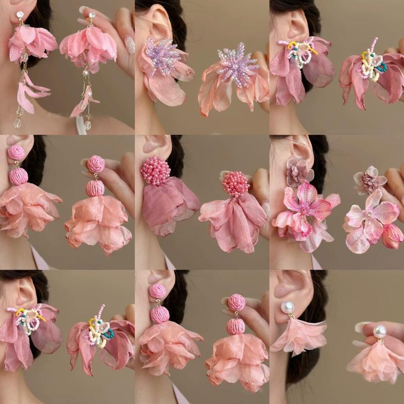 Silver Needle Pink Chiffon Flower Fringed Stud Earrings Small Fresh and Sweet Vacation Style Earrings Light Luxury High-end Earrings Women