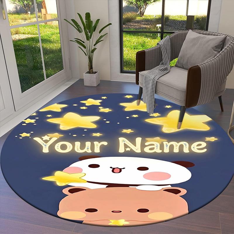 Bear Panda Night Custom Name Round Area Rug Carpet Rug For Living Room Bedroom Sofa Playroom Decor Nonslip Floor Mat