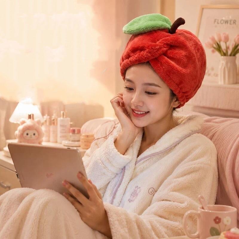 Fruit Shaped Hair Drying Cap High Absorbent Fast Dry Thick Coral Fleece Bath Cap for Travel Hotel Shower Use
