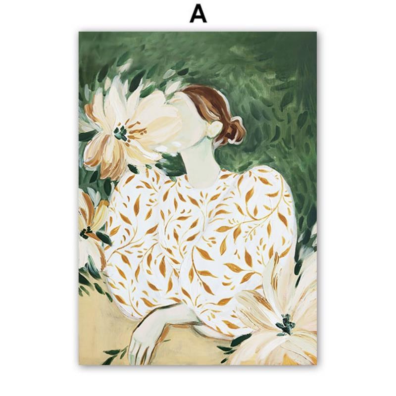 Striped Girl Vase Leaf Flower Coffee Abstract Posters & Prints Wall Art Canvas Painting Hotel Bar Pictures For Living Room Decor