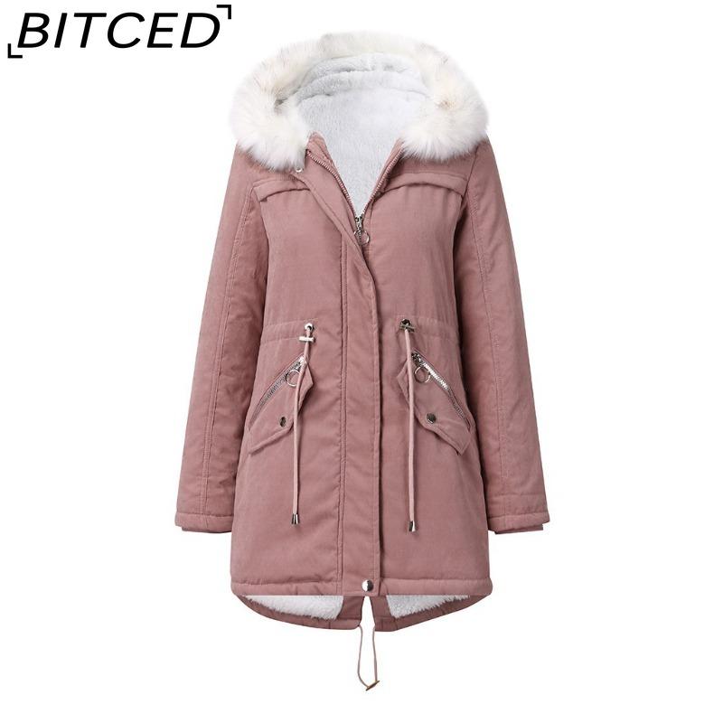 

BITCED Women s Cotton-Lined White Fur-Trimmed Parka Mid-Length Hooded Winter Warm Fleece Coat M розовый
