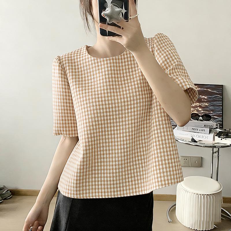ZANZEA Women Casual Round Neck Grid Print Summer Short Sleeve Blouse