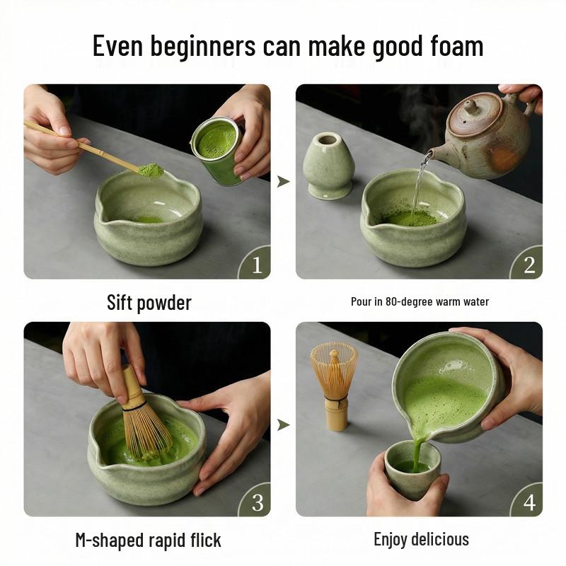 Japanese Heart-shaped Matcha Bowl Set with Whisk and Brush for Tea Ceremony