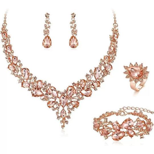 Set Colier Cercei Strass Cristal Mireasă Set Rochie Bal Banchet Doamne Set de Lux Patru Piese