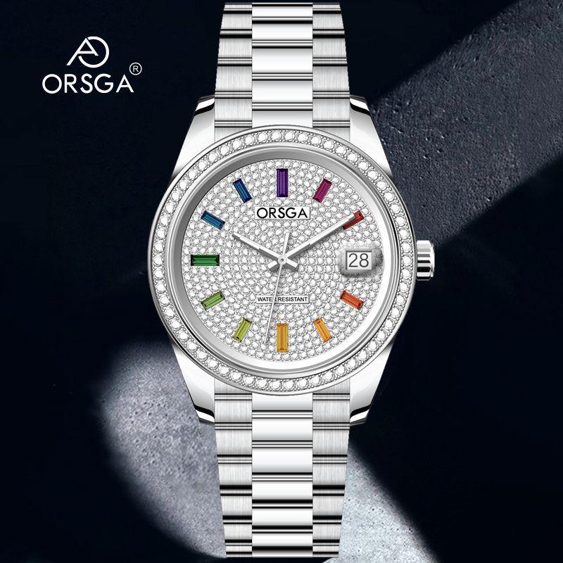 ORSGA Men's Luxury Quartz Watch with Star Design and Colored Diamond Accents