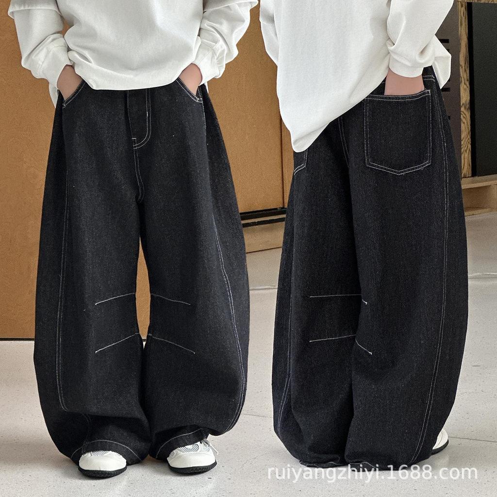 2025 Autumn Boys' American Trend Raw Denim Slimming Jeans - Loose, Straight Leg Pants