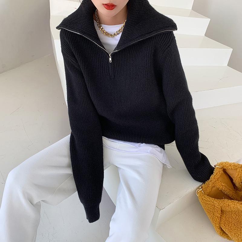 Women's Knitted Sweater Lapel Zipper Sweater Women's Autumn and Winter Loose Lazy Wind Outer Pullover