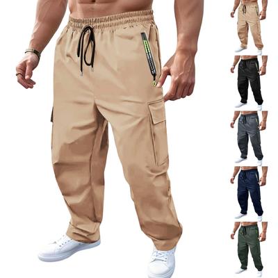 Mens Casual Cargo Pants with Zipper Pockets Drawstring Waist Multi Pocket Loose Fit Breathable Athletic Workout Trousers