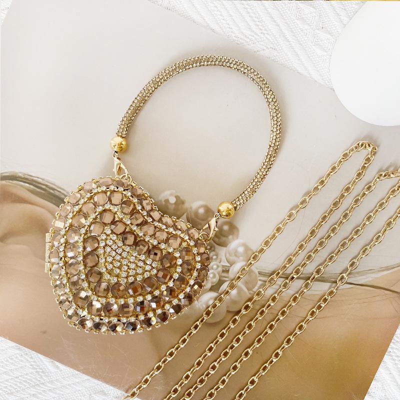 Mini Heart Chain Evening Bag with Diamond-Inlaid Stones