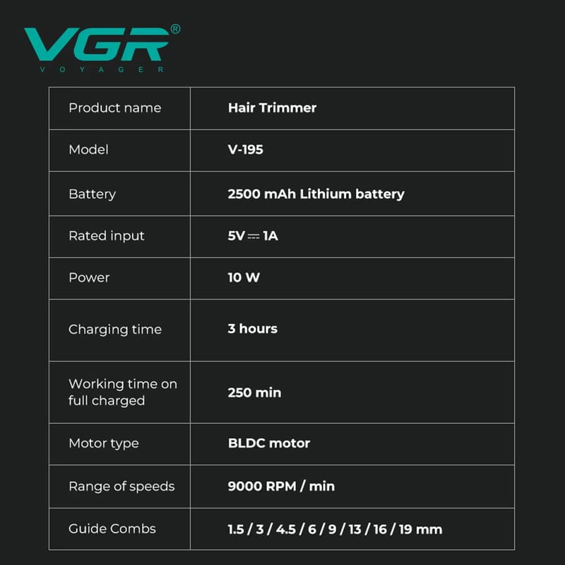 Nuevo Cortapelos Profesional VGR para el Hogar Motor sin Escobillas Cuerpo Metálico Aleación de Titanio Hoja Afilada Recortador de Cabello Pantalla LCD Inteligente Máquina de Afeitar Digital V-195