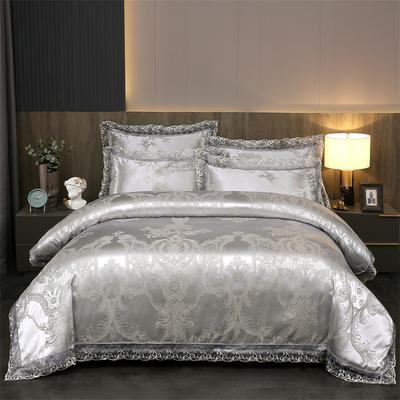 Silver Gray Jacquard Satin Bedding Set Baroque Style with Lace Trim Duvet Cover Set King Queen Size for Home Decor 2 Pillowcases