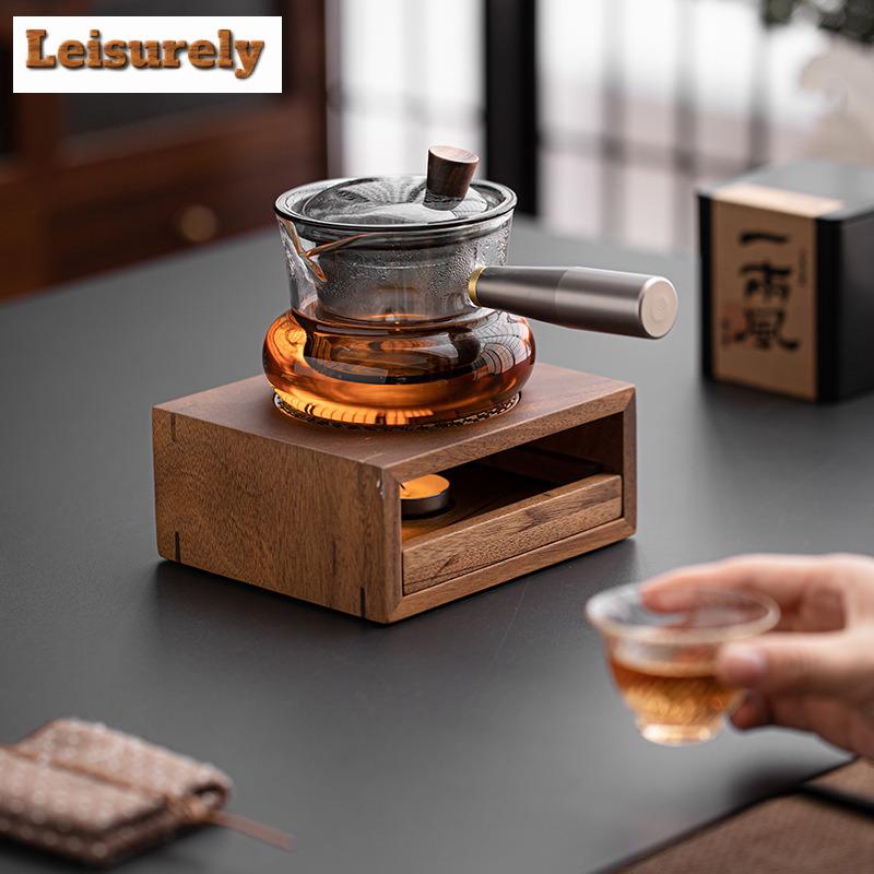 Set Scaldino Quadrato in Legno di Noce Teiera con Manico Laterale in Vetro per la Casa Base Riscaldante per Infusione Tè Bollitore per Tè Cerimonia del Tè Kung Fu