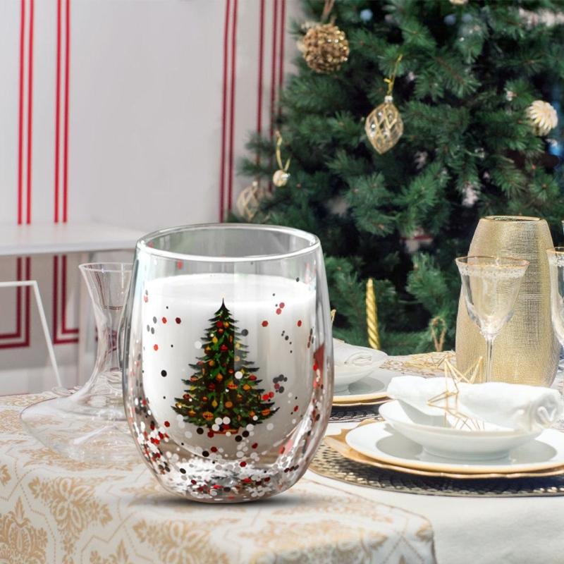 Saisonales doppelwandiges Getränkeglas Trinkbecher 300ml Hitzebeständig Kaffee-Trinkgeschirr Weihnachts-Tischdekoration