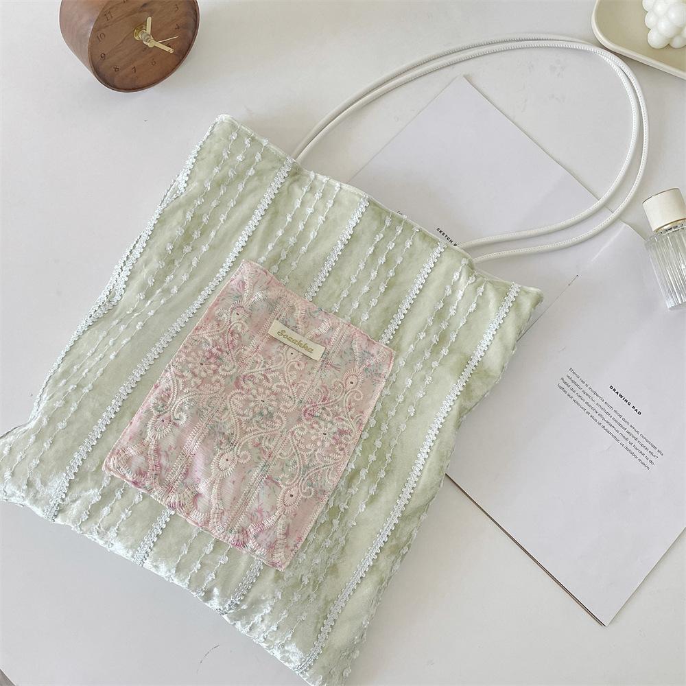 New Style, Pearl, Niche Design, Canvas Bag, Large Capacity, Commuting Bag, Girls' Bag, Lace Hand-held Shoulder Bag