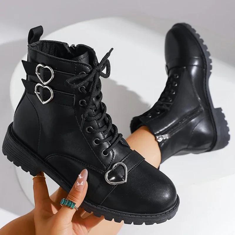 Fashion Women's Boots Metal Heart Buckle Ankle Boots for Woman Autumn Winter Lace Up Platform Short Boots Women Black Shoes Botas Mujer