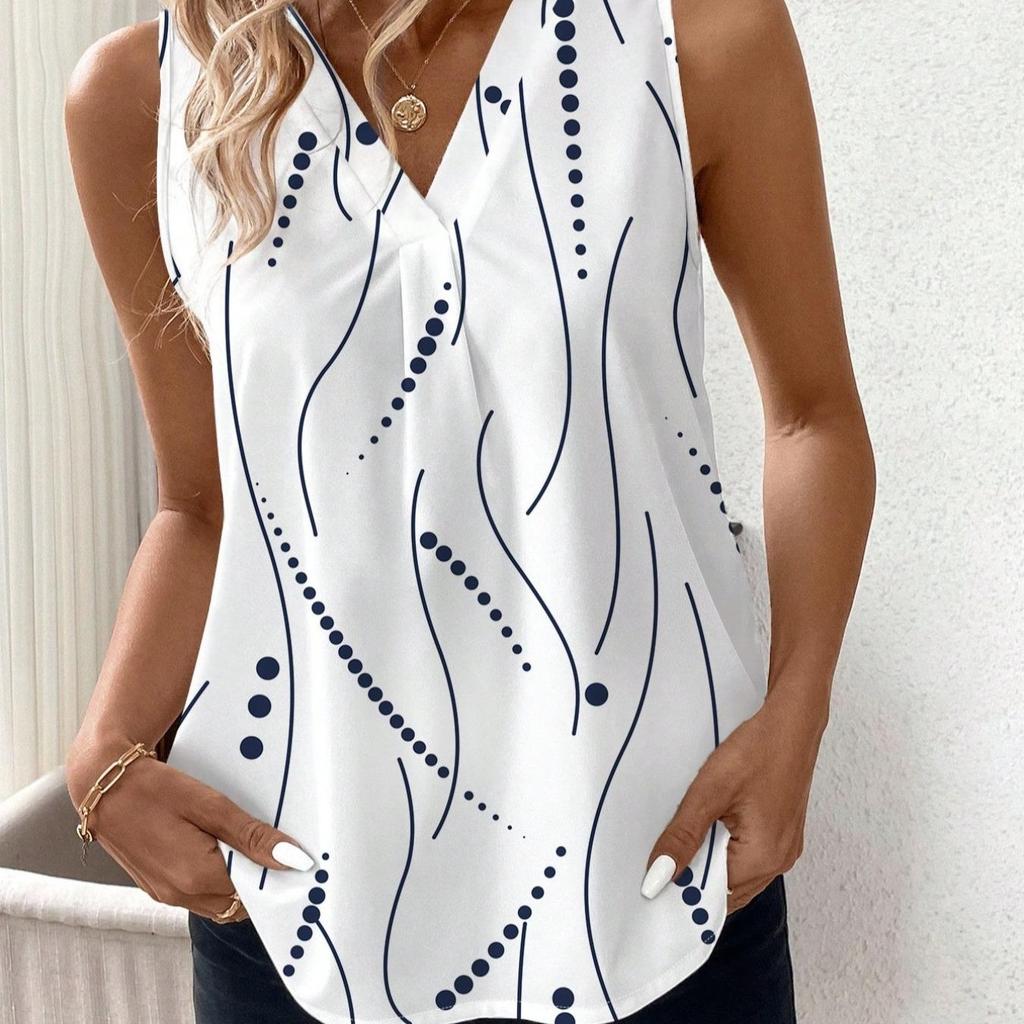 Sommer Neue Ärmellose Druck V-Ausschnitt Freizeithemden für Damen Mode Tops Elegant Vintage Slim Pullover Weiße Blusen Damen Einfache Damenbluse 26513