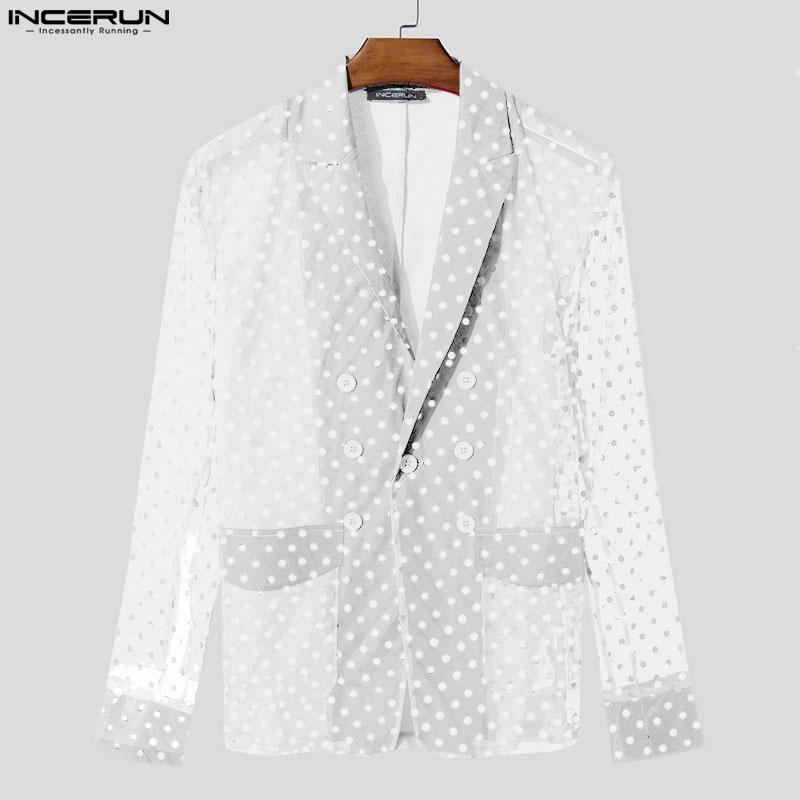 INCERUN Men Lapel Long Sleeve Mesh Sheer Polka Dots Back Patchwork Tops Cover Up