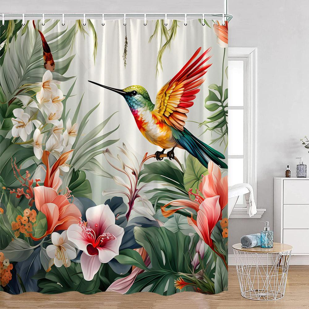 Perdele de duș cu păsări Papagali Pasăre colibri Frunze de plante tropicale Flori Botanică Perdea de baie modernă din poliester