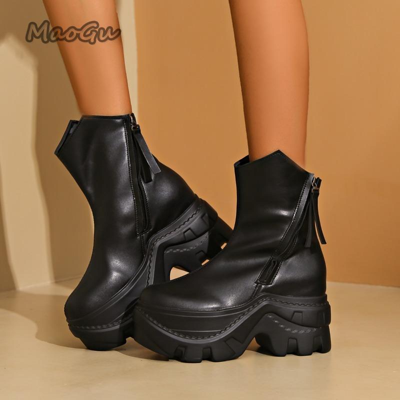 Übergröße 35-42 Plateau-Stiefeletten Seitenreißverschluss Klobiger Absatz Britischer Stil Schwarze Braune Stiefel Damenmode Erhöhte Stiefeletten