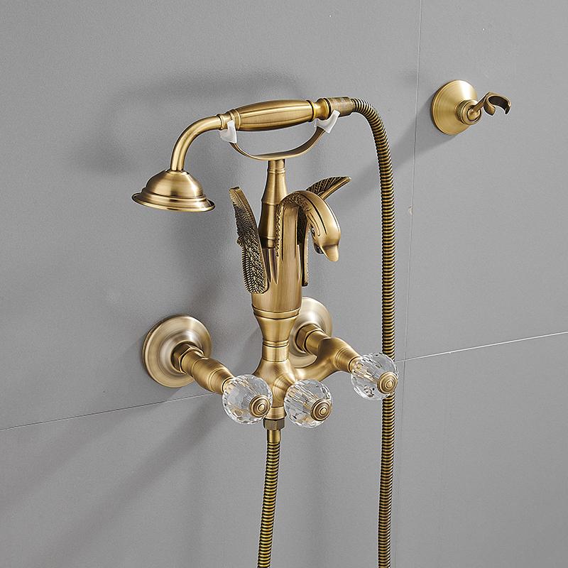 Set baterie pentru cadă și duș Tuqiu Baterie pentru cadă cu lebădă aurie montată pe perete, baie rece și fierbinte Baterie pentru baie și duș din alamă