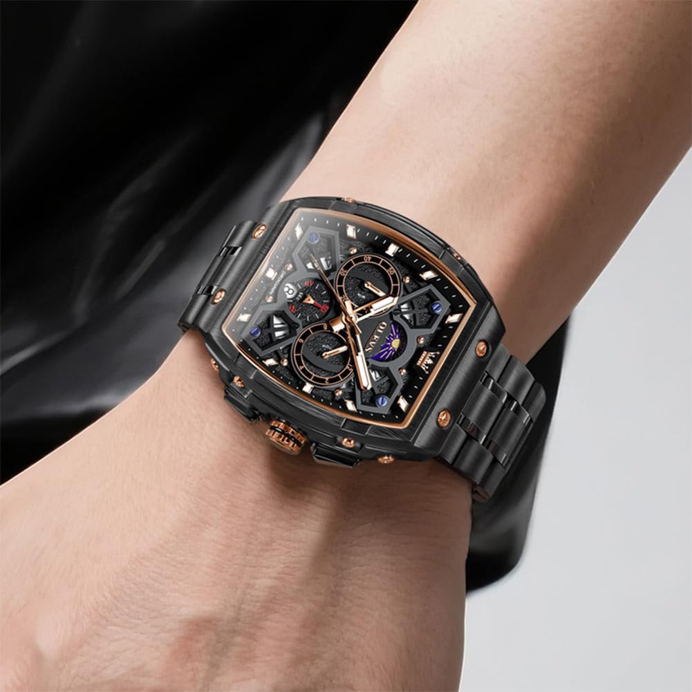 OLEVS Analog Quartz Square Sports Metal Large Black Chronograph Men's Watch, Dial, Brand, Band, Waterproof, Dial,