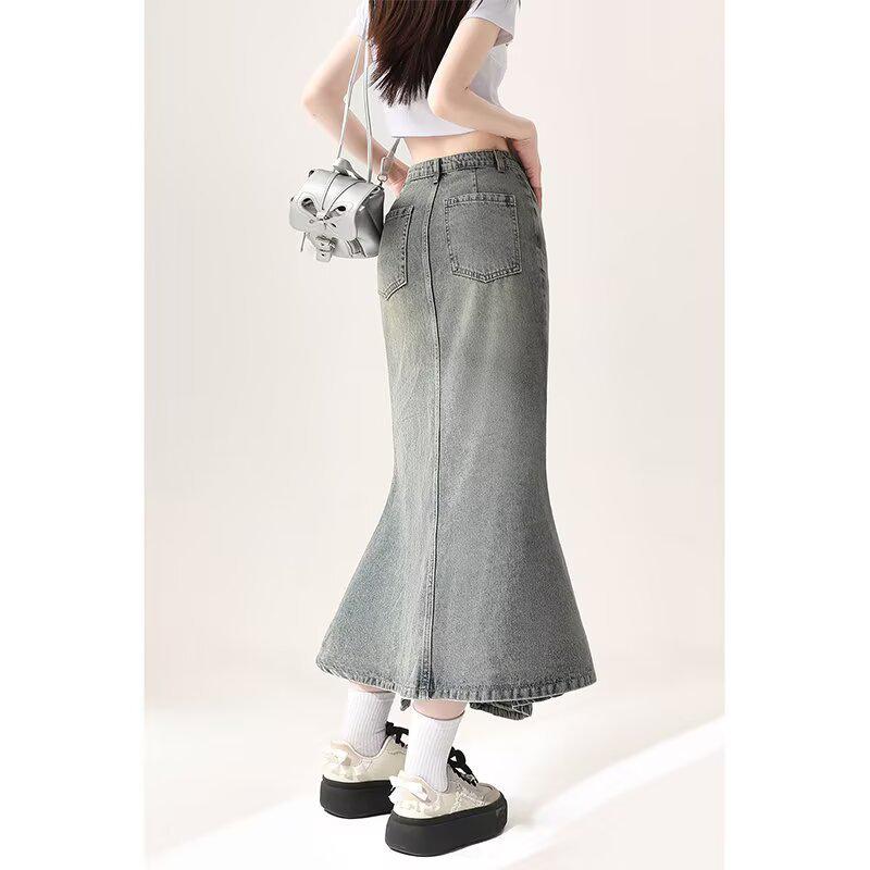 Vintage High-Waist Fishtail Denim Skirt - Women's Slim Fit Midi for Spring/Autumn