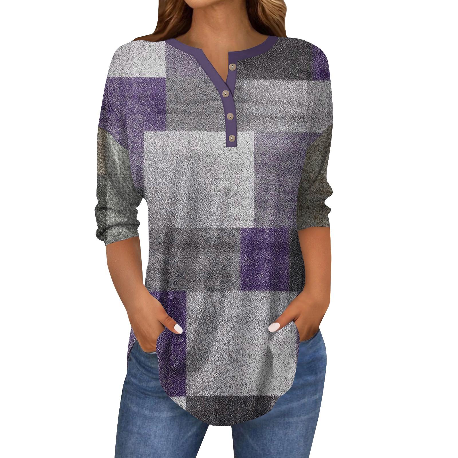 

Женская свободная футболка на пуговицах с винтажным геометрическим принтом и рукавом семь четвертей L фиолетовый