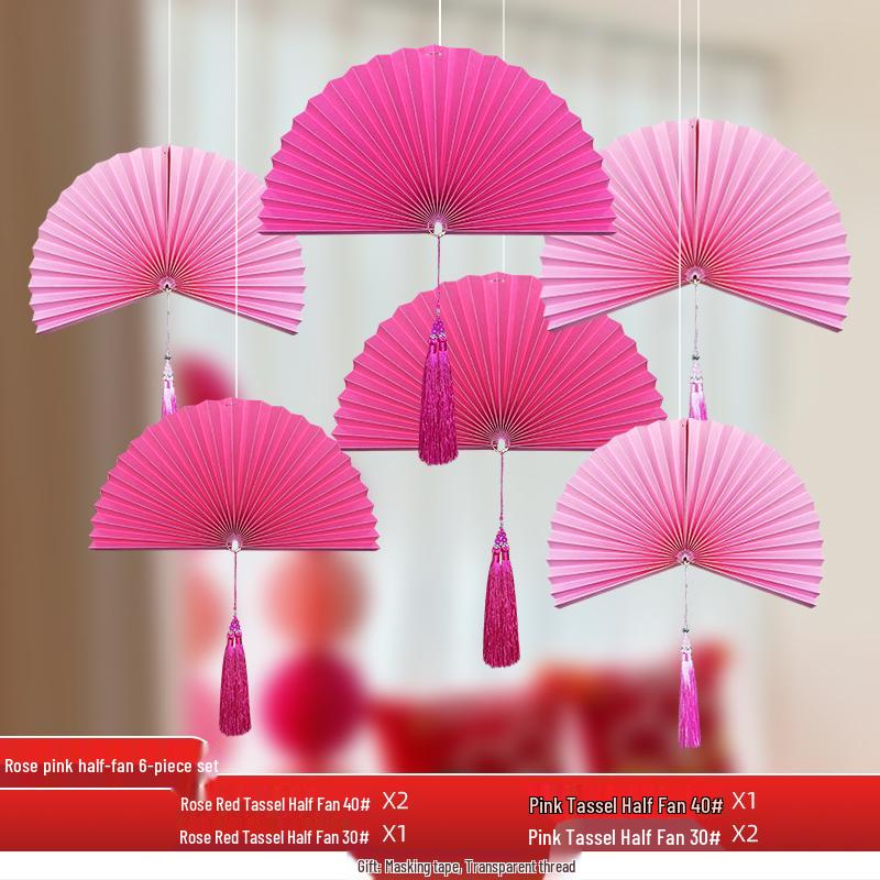 Wedding Décor Set: Honeycomb Balls, Folding Fans & Double Happiness Pendants for Groom's Room