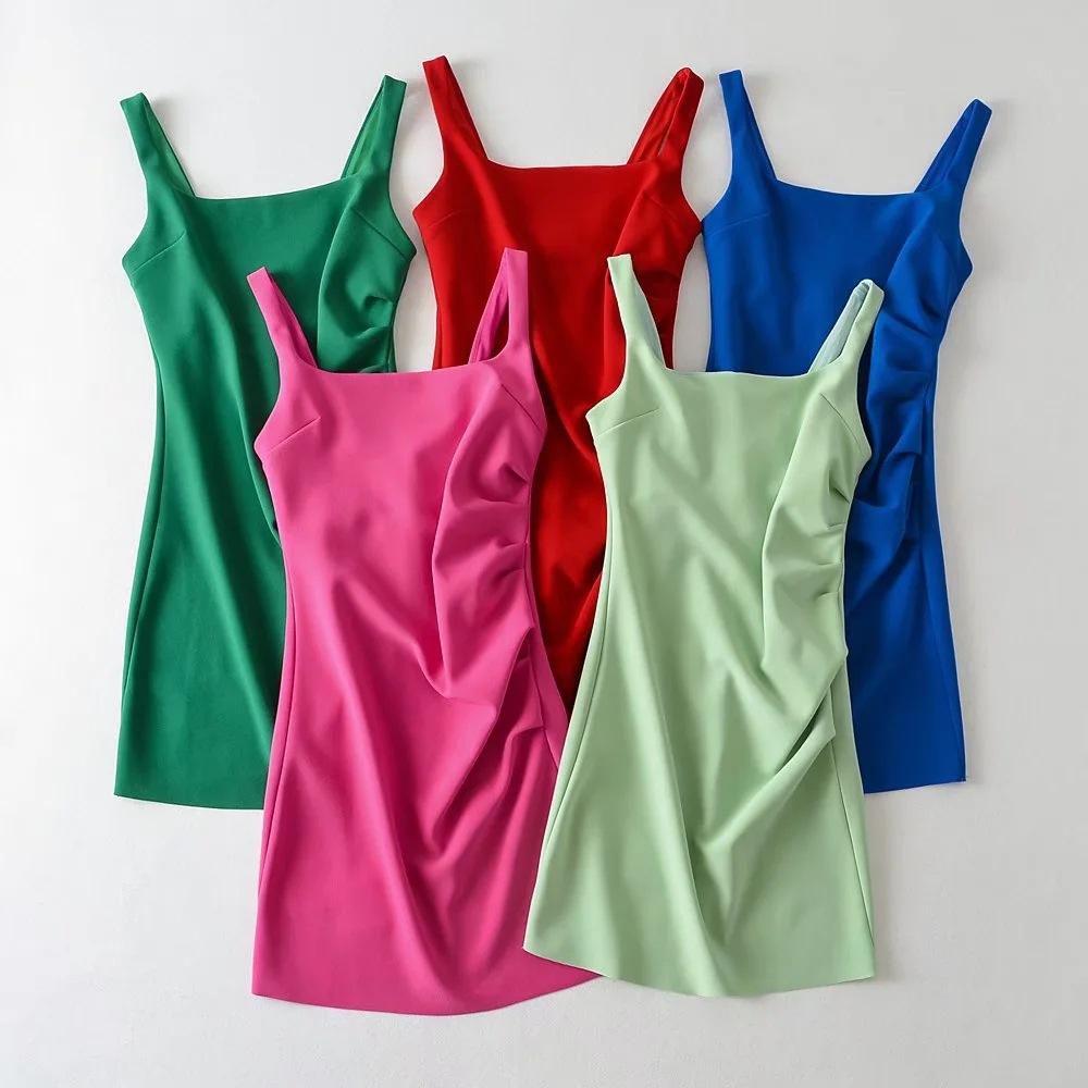 2025 Side Pleated Vest Dress, European And American Style Women'S New Solid Color Tight Strap Dress