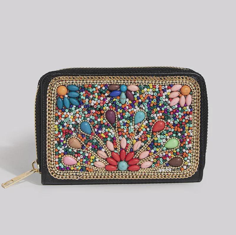 Bohemian Style PU Zipper Card Holder & Coin Purse with Butterfly and Flower Design