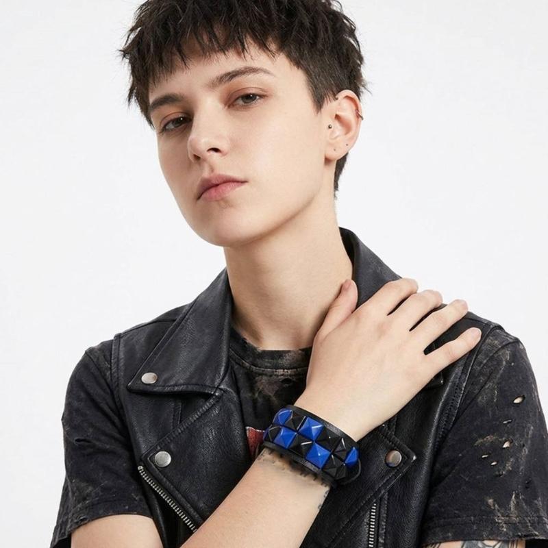 Studded Cuff Bracelet Double Row Square Studs Adjustable Closure PU Strap Punk Wrist Bangle for Concert Streetwear