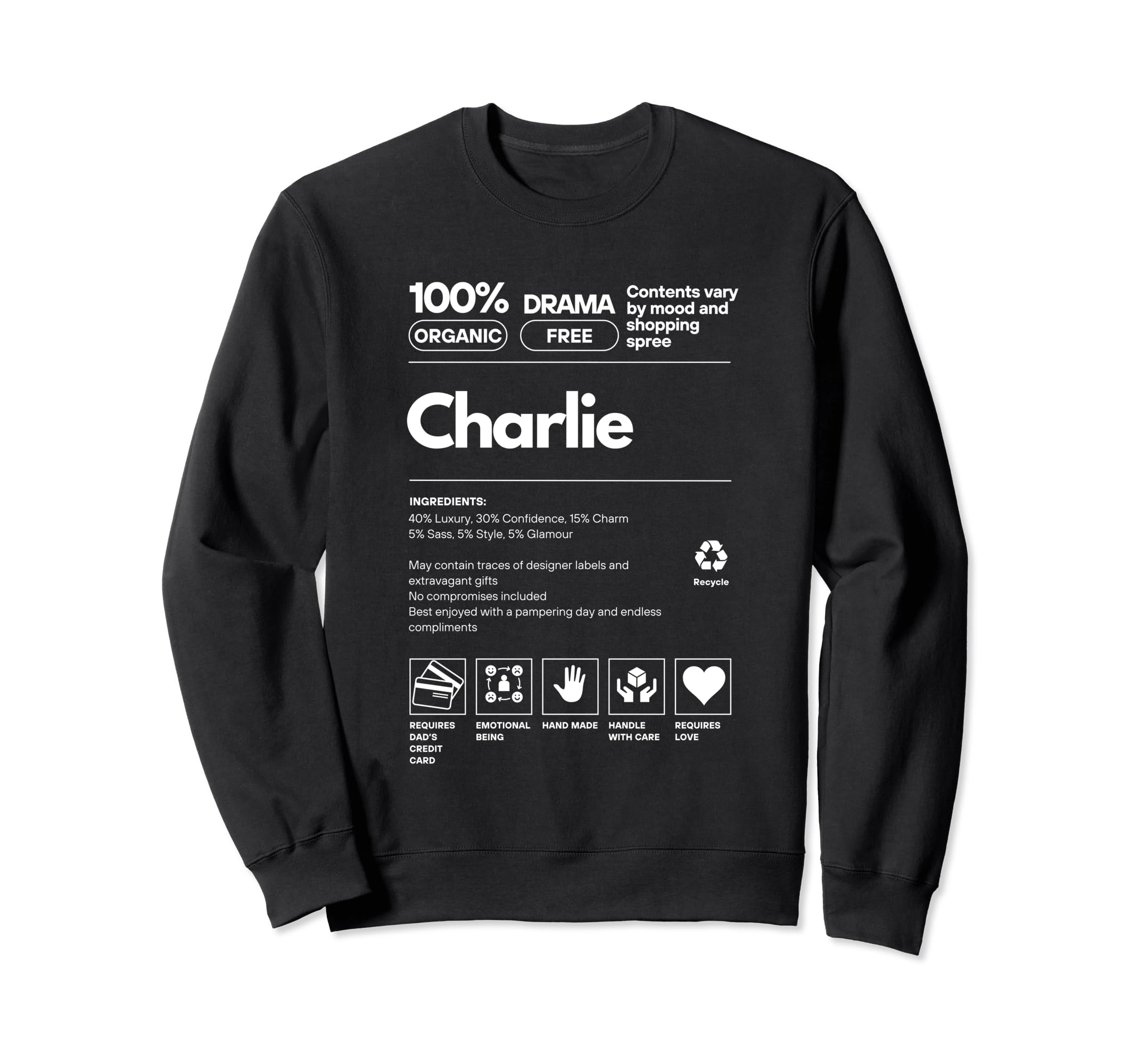 

Charlie Name Tag Ironic Name Nutrition Facts for Charlie Sweatshirt чёрный