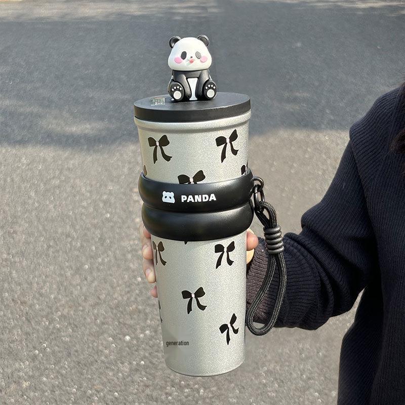 Cartoon Panda Stainless Steel Thermos Cup - Large Capacity Travel Mug with Straw