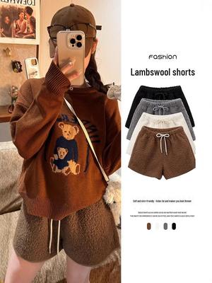 Women's High Waist Lambswool Shorts - Black Winter Design, Warm, Loose, Furry, Casual Fit.