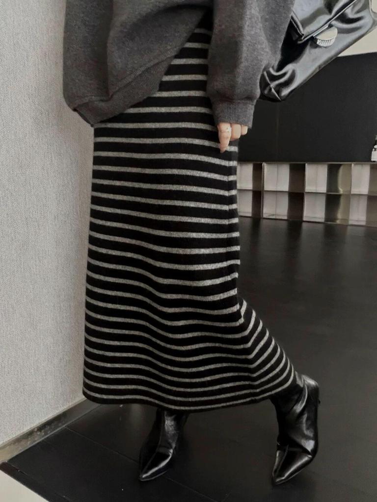 Women's High Waist Color Block Striped Midi Skirt - Winter Korean Style