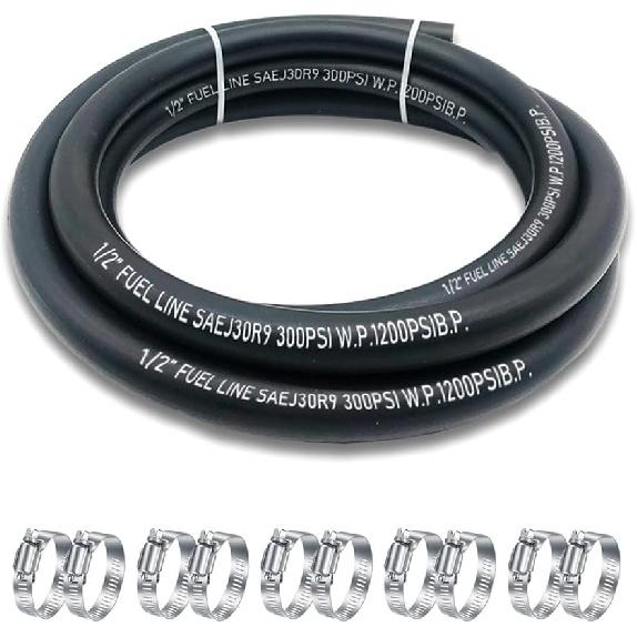 5/16 Inch ID Fuel Line Hose, J30R9 NBR Rubber Push Lock Hose High-Pressure 300PSI Gasoline Tube with 10 PCS SS Clamps for Fuel Systems Engines 10FT
