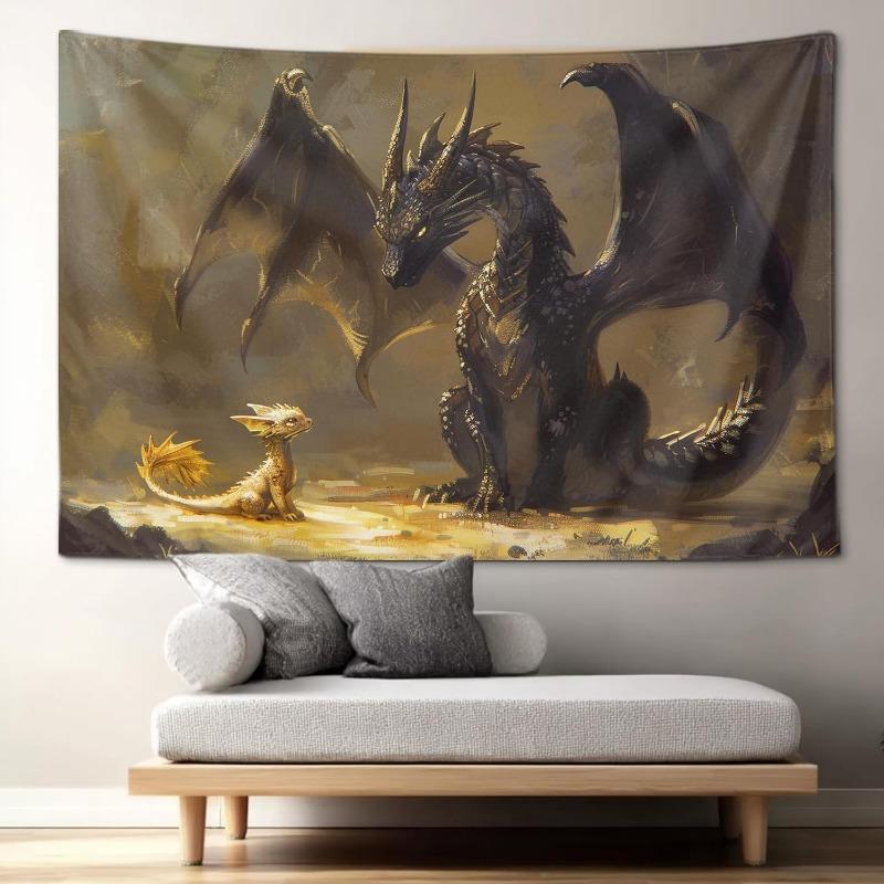 

Wall Art Tapestry Fantasy Black Dragon Small Cute Golden Dragon Tapestry Aesthetic Wall Deocr for Office Bedroom Living Room 74x94cm(29x37in)