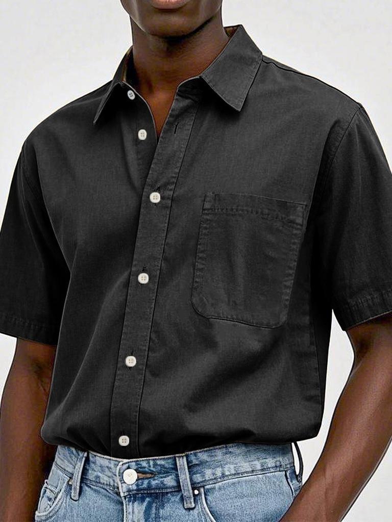 Mens Casual Short Sleeve Button Down Shirt With Pocket S чёрный