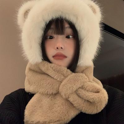 Women's Winter Korean - Style Cute Bear Ear Plush Hat and Scarf Integrated Fleece - Lined Thickened Cycling Ear - Protection Trendy Hat
