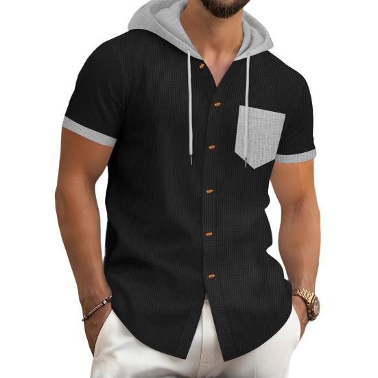 Men's Summer Hooded T-shirt Short Sleeved Button Down Tee with Chest Pocket Waffle Color Block Casual Hoodie T-shirt for Gym Street Wear