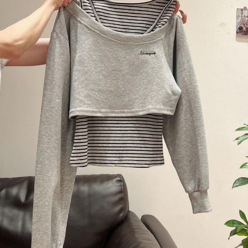 Herbst Schulterfrei Langarm Gestreiftes Sweatshirt Damen Design Passende Weste