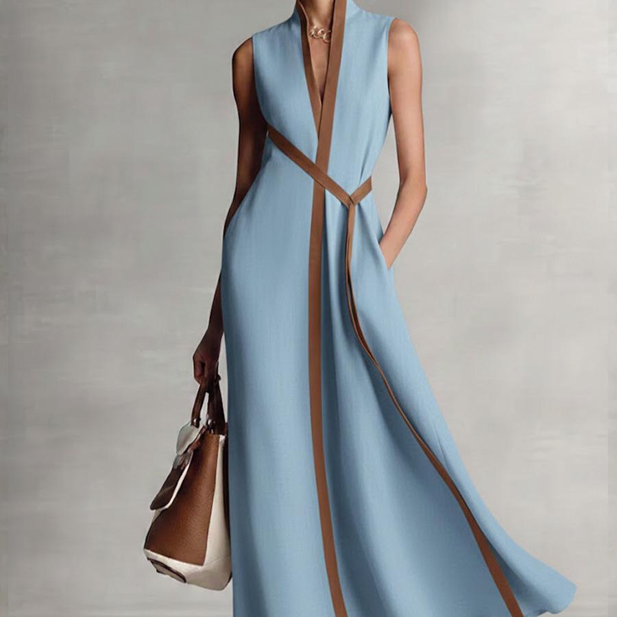 2026 Damklänning i Färgblock, Ärmlös, Med Ståkrage, Bomull och Linne