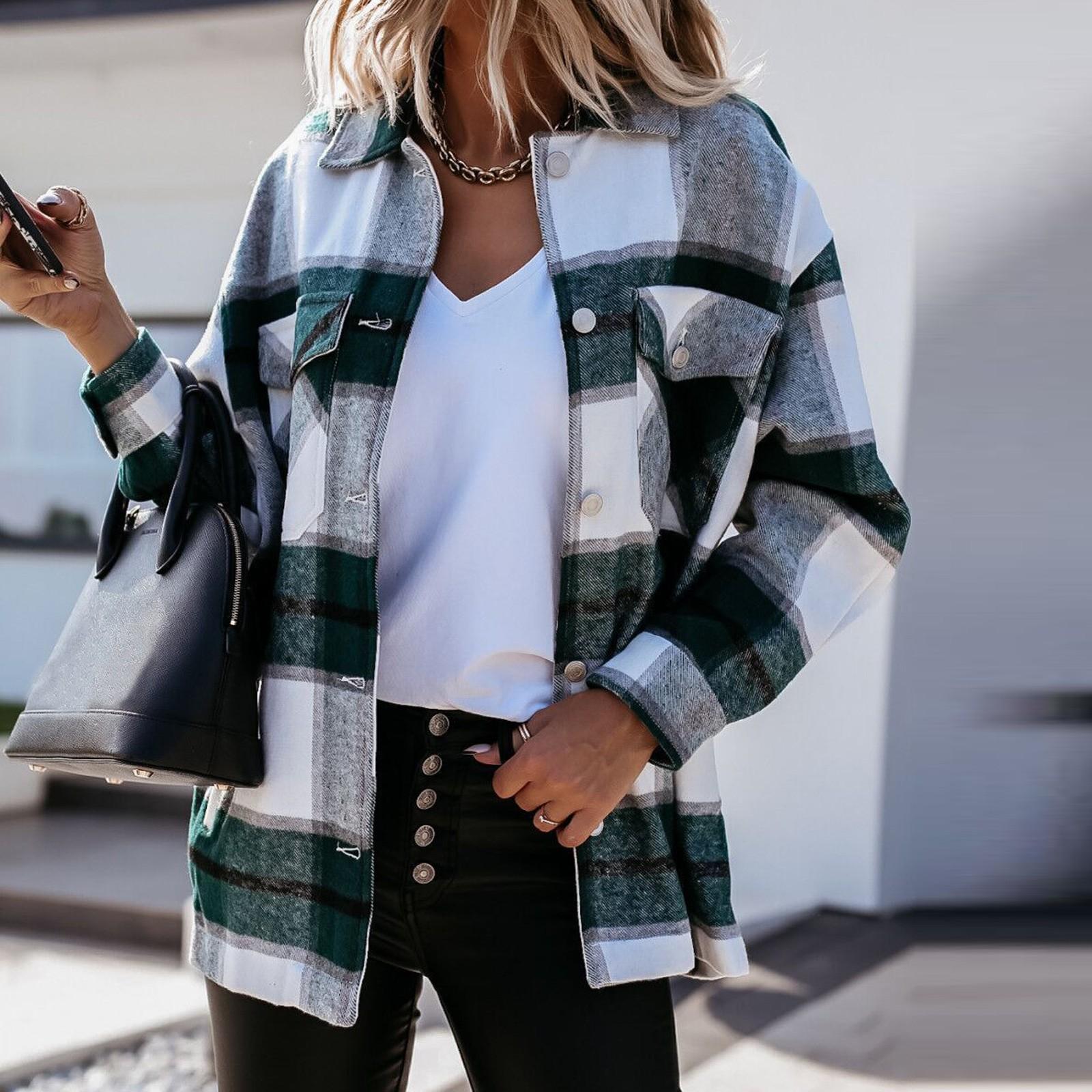 

Женская мода, повседневная клетчатая куртка, рубашки с длинными рукавами и лацканами на пуговицах, пальто-рубашка L зелёный