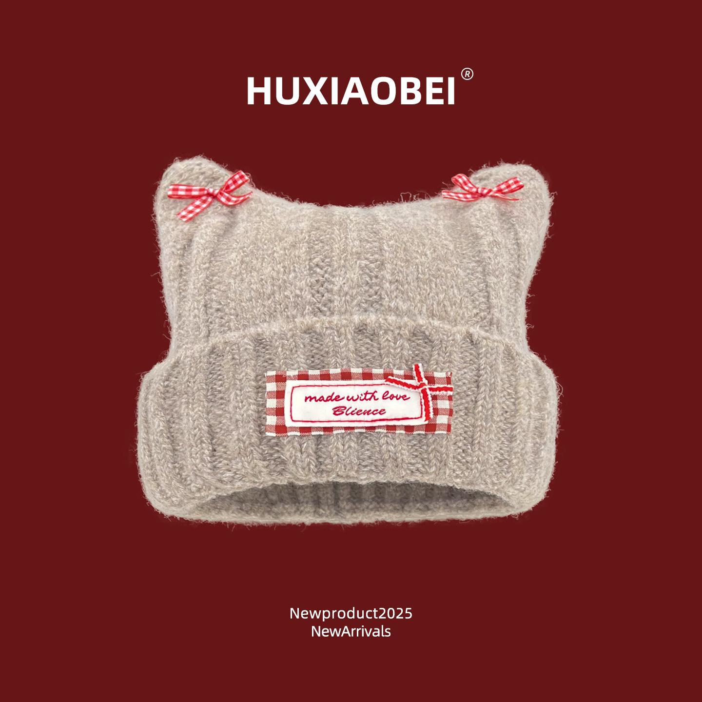 

Japanese Sweet Bow Cat Ear Knitted Hoodie Women In Small Face Warm Fashionable Versatile Hat M56—58cm хаки