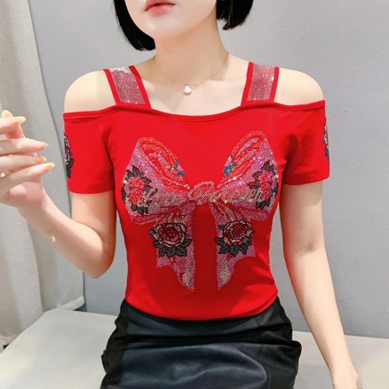 TrendHub Sexy Off Shoulder T Shirt for Women Luxury Flower Diamonds Short Sleeve Tee Summer Fashion Womens Mesh Tee Shirts Top
