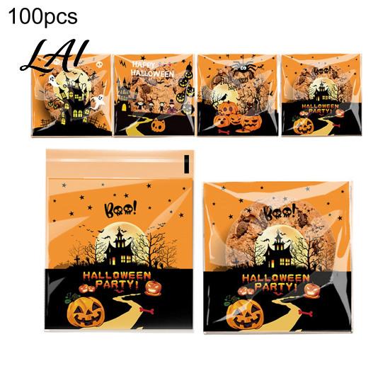 Self Adhesive Treat Bags 100 Pcs Small Halloween Bags Seal Clear Candy Dessert Snack Cookie Trick or Party Favors for Holiday Cute Cartoon Pouches