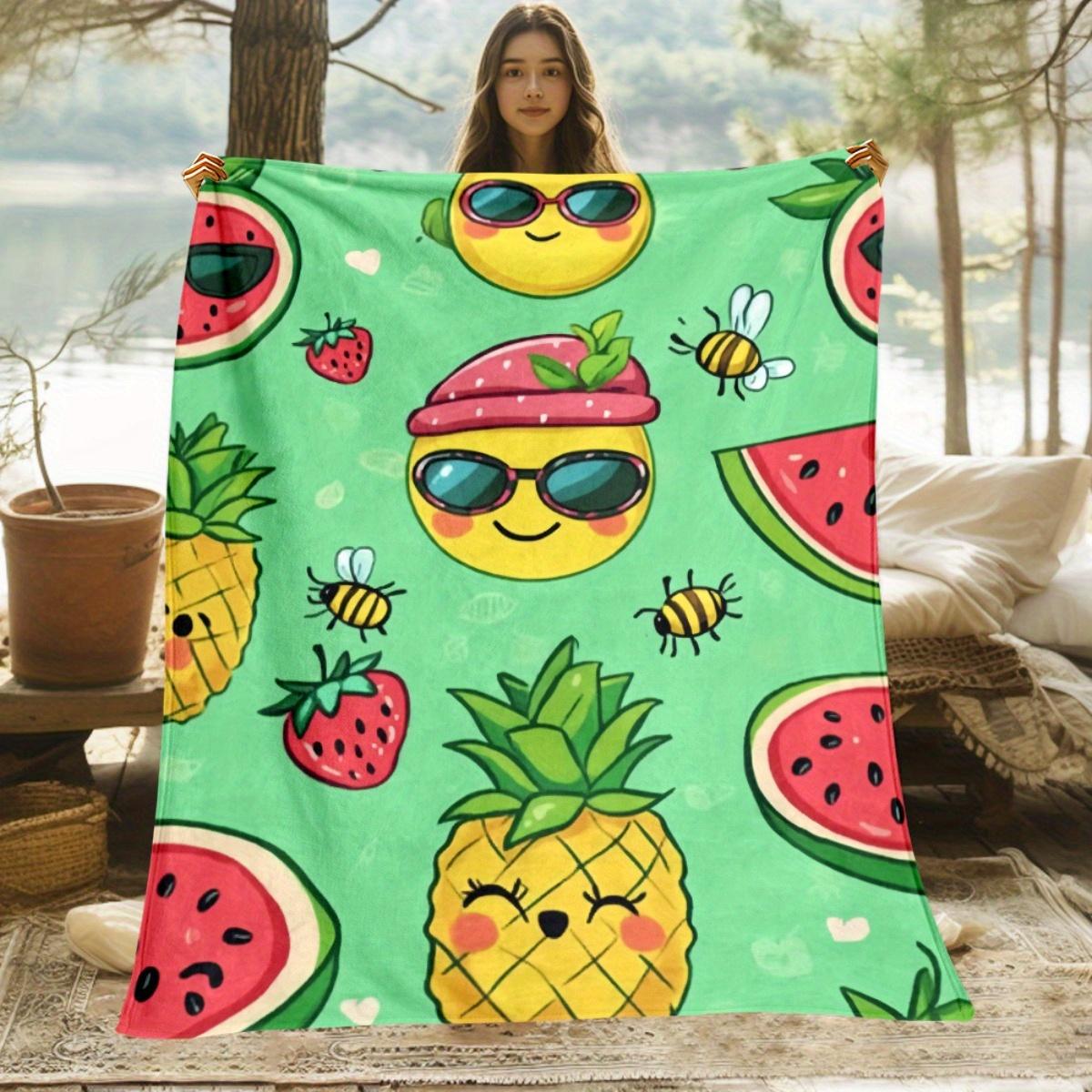 Summer Fruit Pineapple Watermelon Strawberry Bee Fleece Blanket Cute Emoji Design Soft Comfortable Throw Beach Picnic OutdoorUse 75x100cm