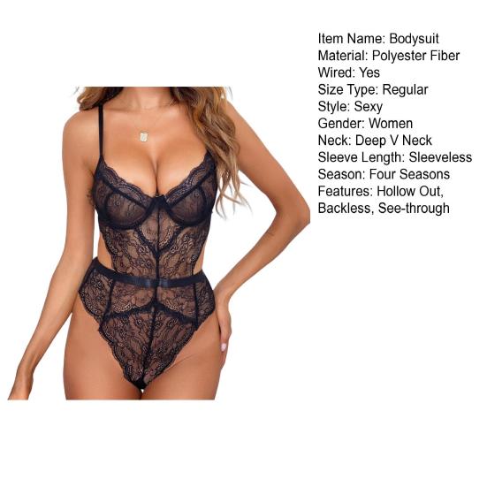 Women Sexy Bodysuit Low-cut Backless Sleeveless Thin See-through Hollow Lace Deep V Neck Spaghetti Strap Skinny Lady Wedding Night Playsuit